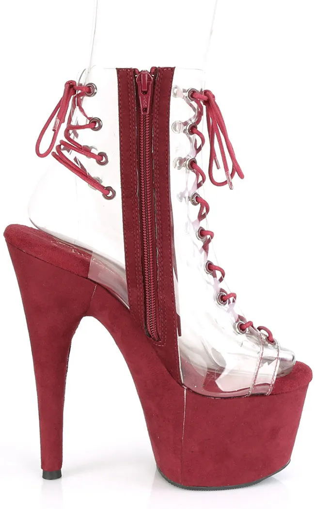 ADORE-700-30FS Burgundy & Clear Faux Suede Platform Heels