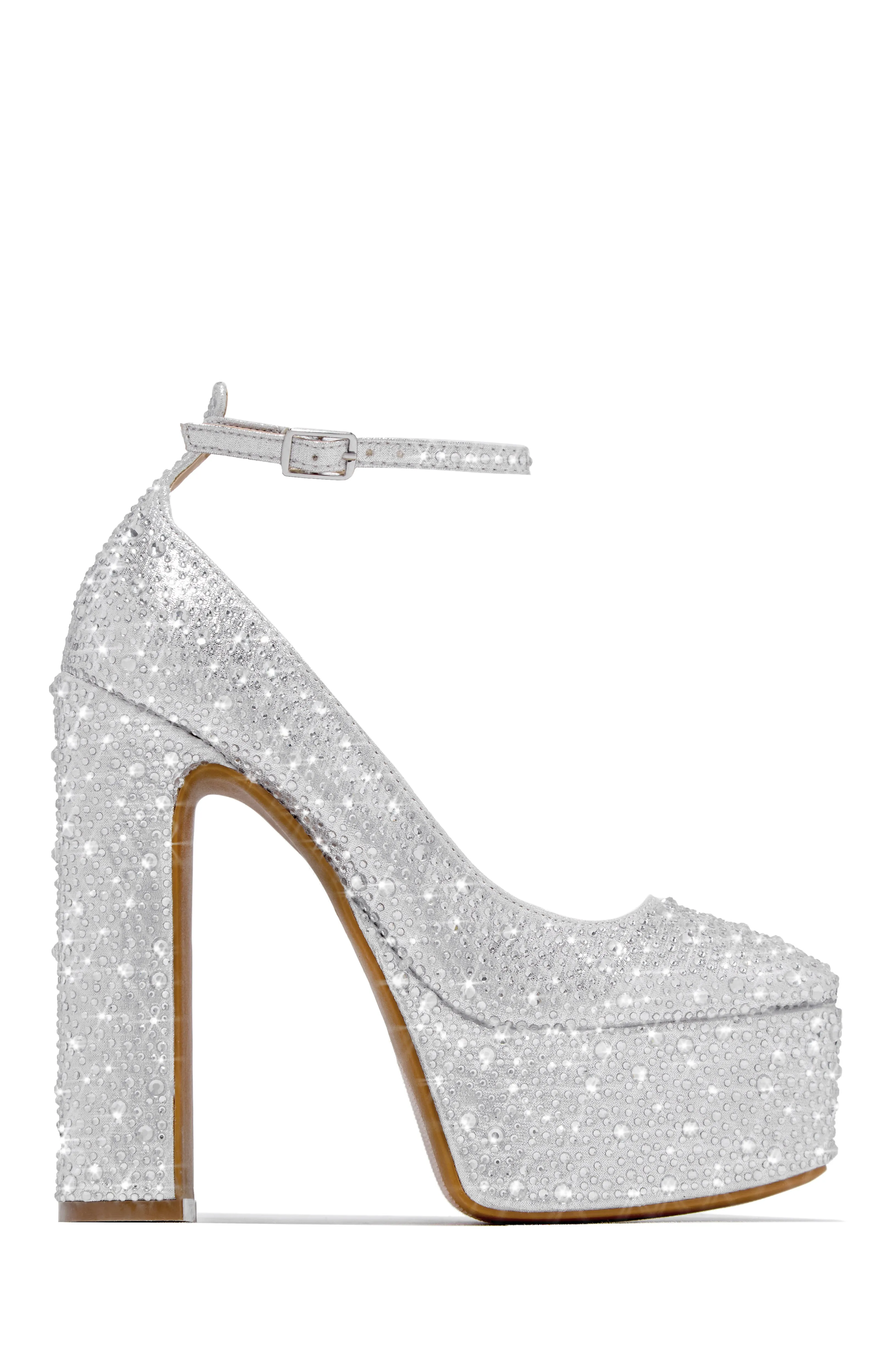 Amarya Embellished Platform Block High Heels - Silver