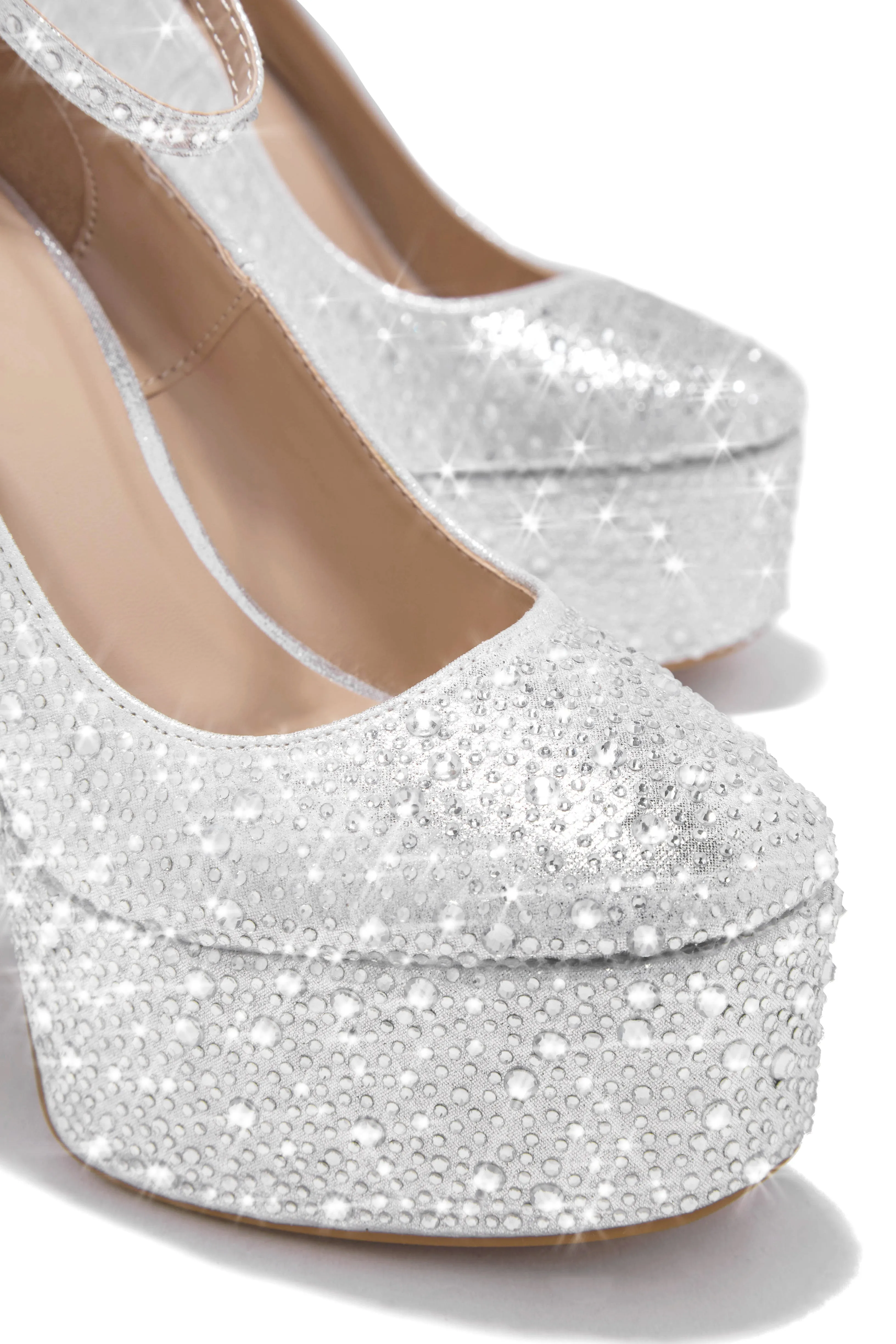 Amarya Embellished Platform Block High Heels - Silver