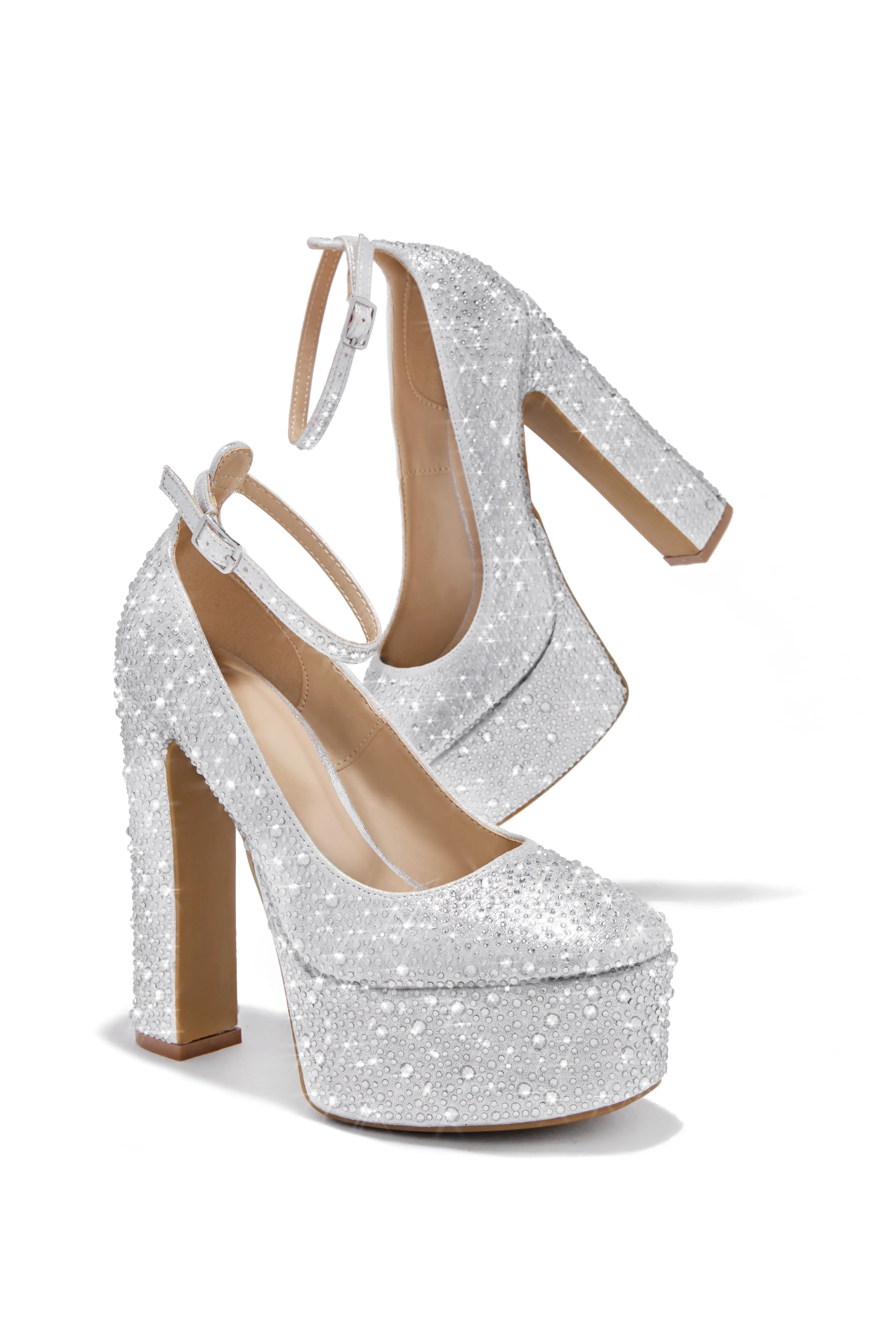 Amarya Embellished Platform Block High Heels - Silver