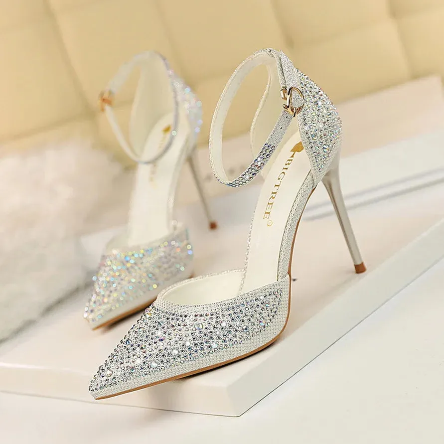 Amozae-Shiny Rhinestone Stiletto High Heels Pumps Fashion Wedding Shoes Women Basic Party Dress Shoes 10cm Pointed Sexy Sandals Femmes