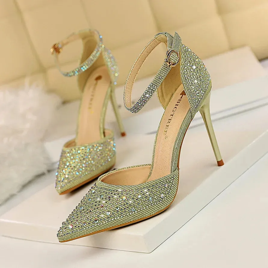 Amozae-Shiny Rhinestone Stiletto High Heels Pumps Fashion Wedding Shoes Women Basic Party Dress Shoes 10cm Pointed Sexy Sandals Femmes