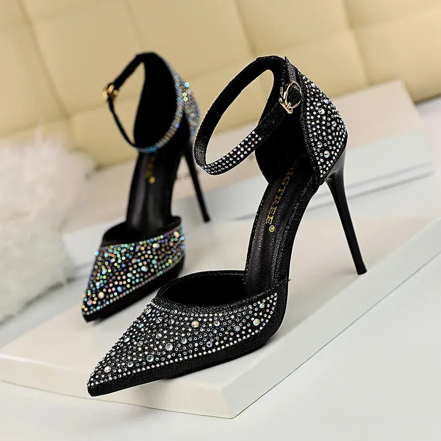 Amozae-Shiny Rhinestone Stiletto High Heels Pumps Fashion Wedding Shoes Women Basic Party Dress Shoes 10cm Pointed Sexy Sandals Femmes