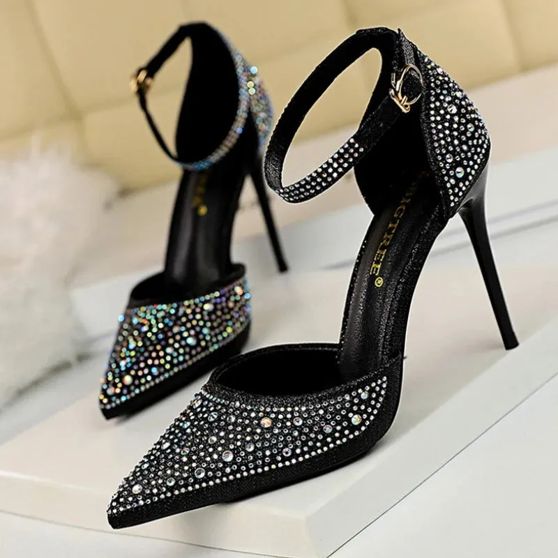 Amozae-Shiny Rhinestone Stiletto High Heels Pumps Fashion Wedding Shoes Women Basic Party Dress Shoes 10cm Pointed Sexy Sandals Femmes