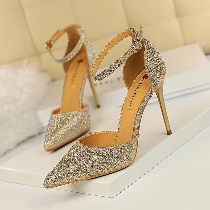 Amozae-Shiny Rhinestone Stiletto High Heels Pumps Fashion Wedding Shoes Women Basic Party Dress Shoes 10cm Pointed Sexy Sandals Femmes