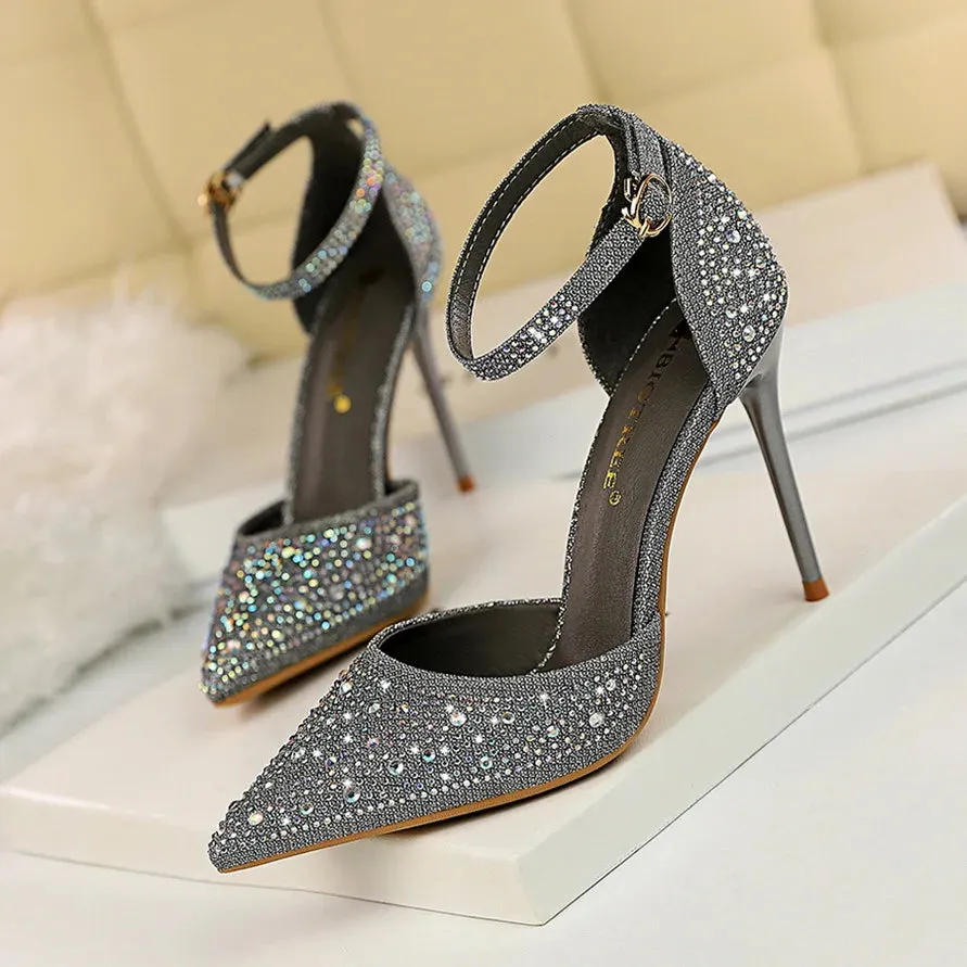 Amozae-Shiny Rhinestone Stiletto High Heels Pumps Fashion Wedding Shoes Women Basic Party Dress Shoes 10cm Pointed Sexy Sandals Femmes