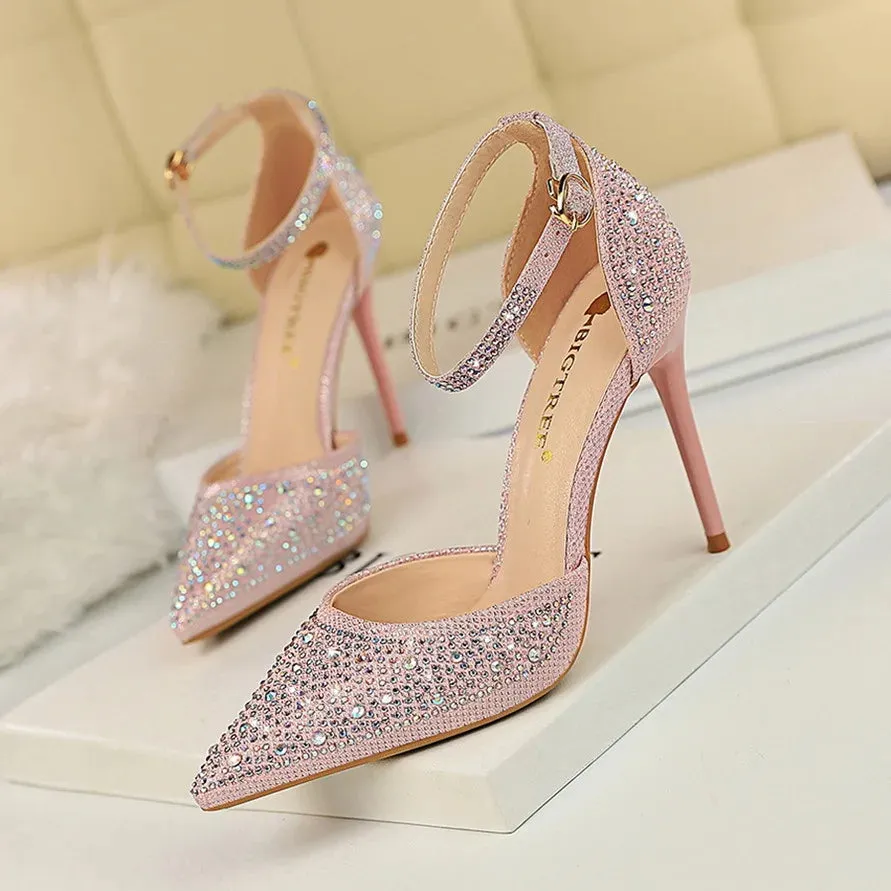 Amozae-Shiny Rhinestone Stiletto High Heels Pumps Fashion Wedding Shoes Women Basic Party Dress Shoes 10cm Pointed Sexy Sandals Femmes