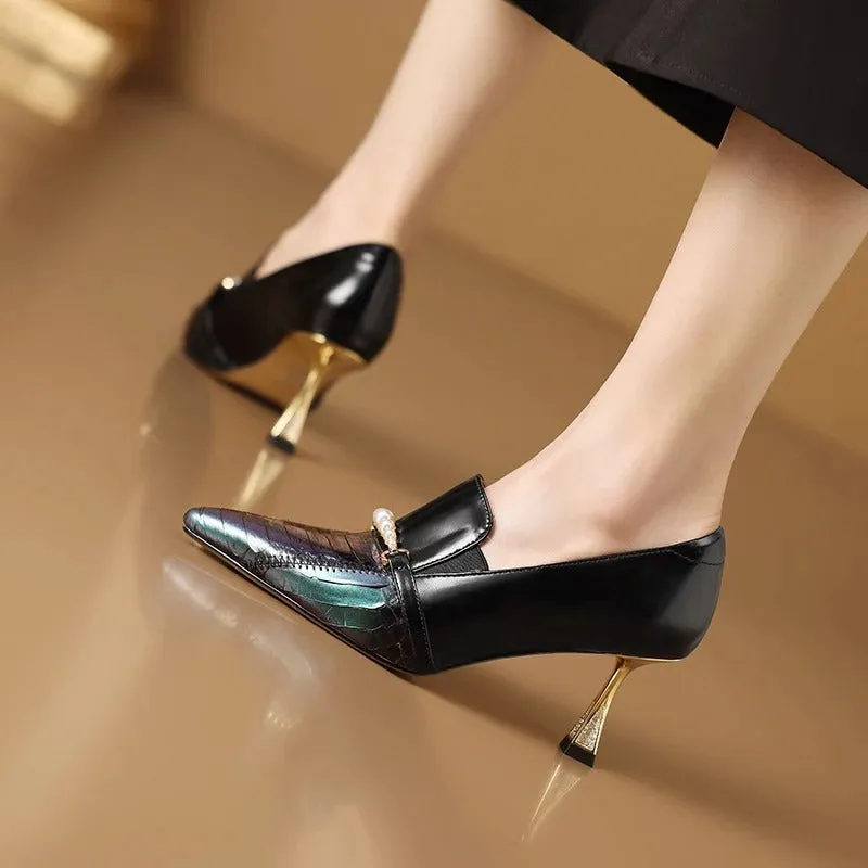 Attractive Textured Pearl Decor Thin Heel Pumps Shoes