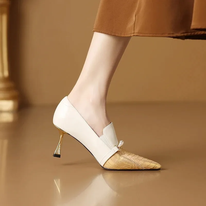 Attractive Textured Pearl Decor Thin Heel Pumps Shoes