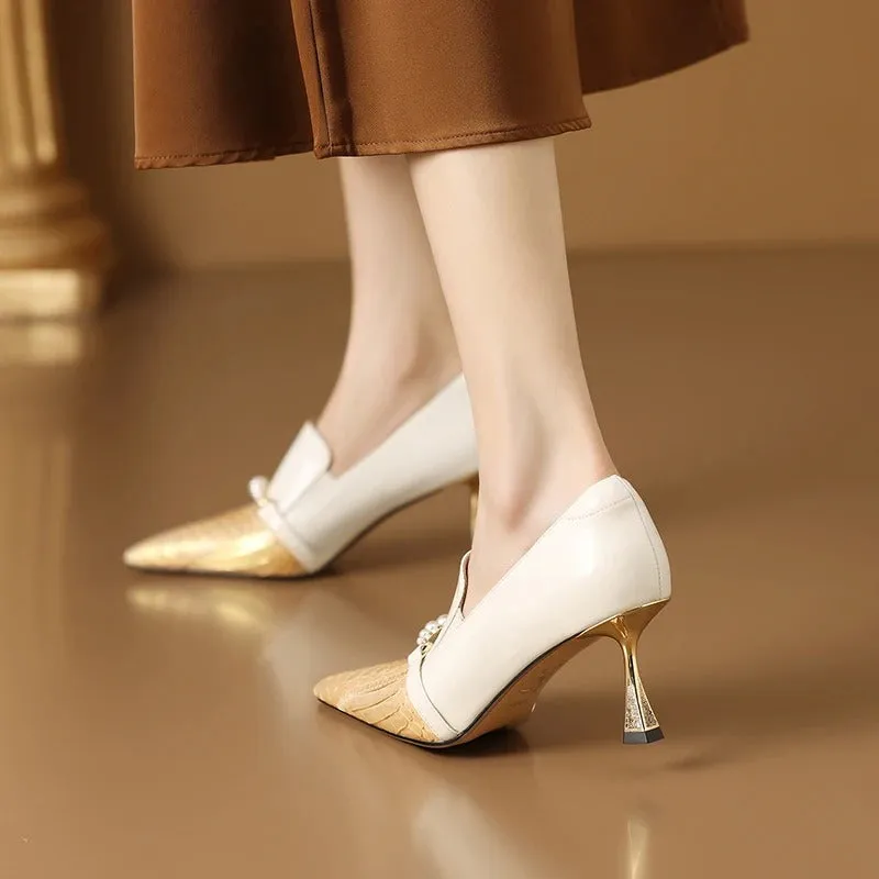 Attractive Textured Pearl Decor Thin Heel Pumps Shoes