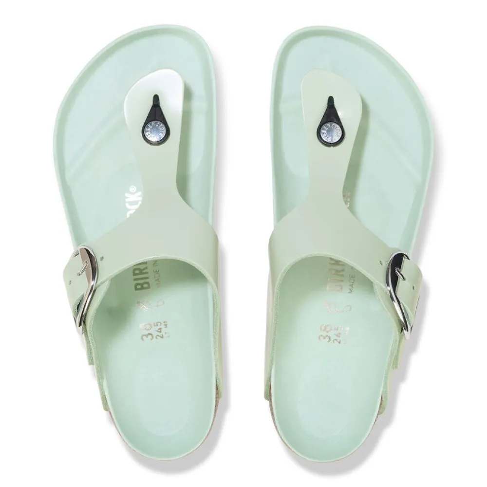 Birkenstock Women's Gizeh Big Buckle Natural Leather Patent in High-Shine Surf Green