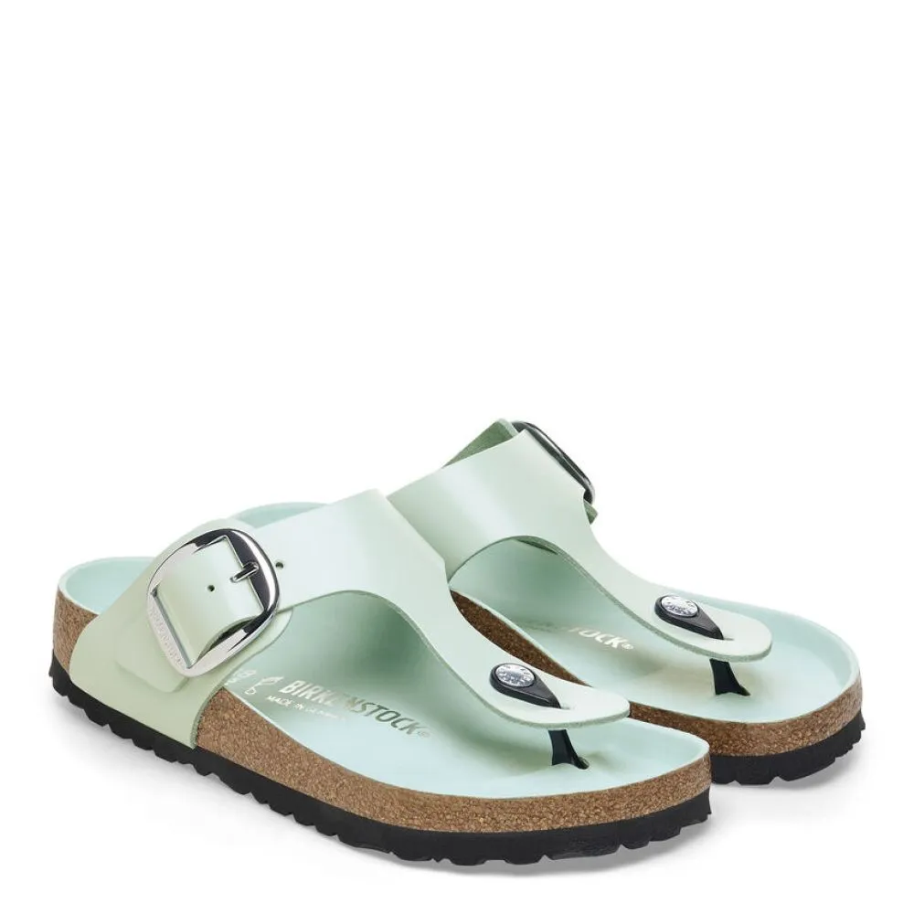 Birkenstock Women's Gizeh Big Buckle Natural Leather Patent in High-Shine Surf Green