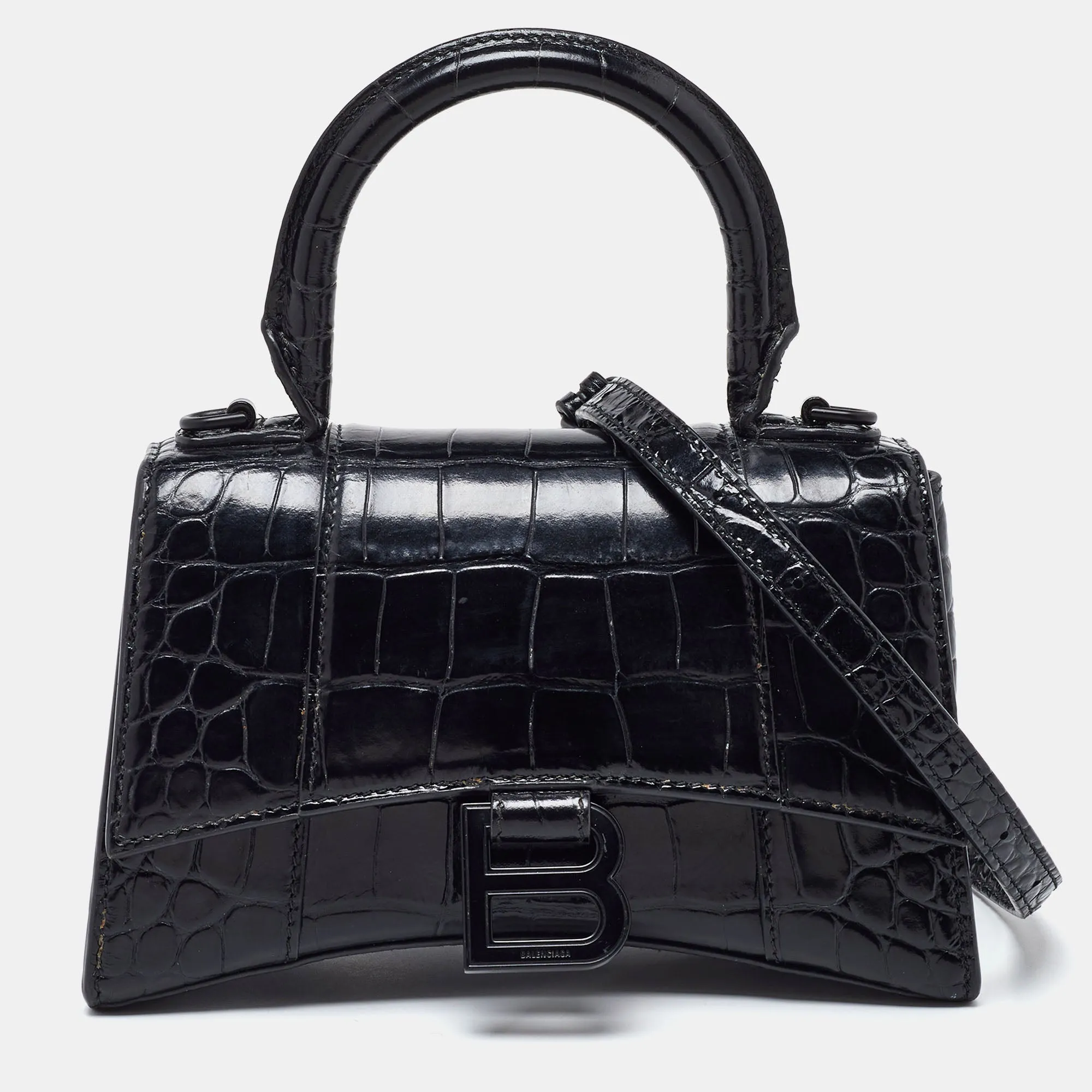 Black Croc Embossed Leather XS Hourglass Top Handle Bag