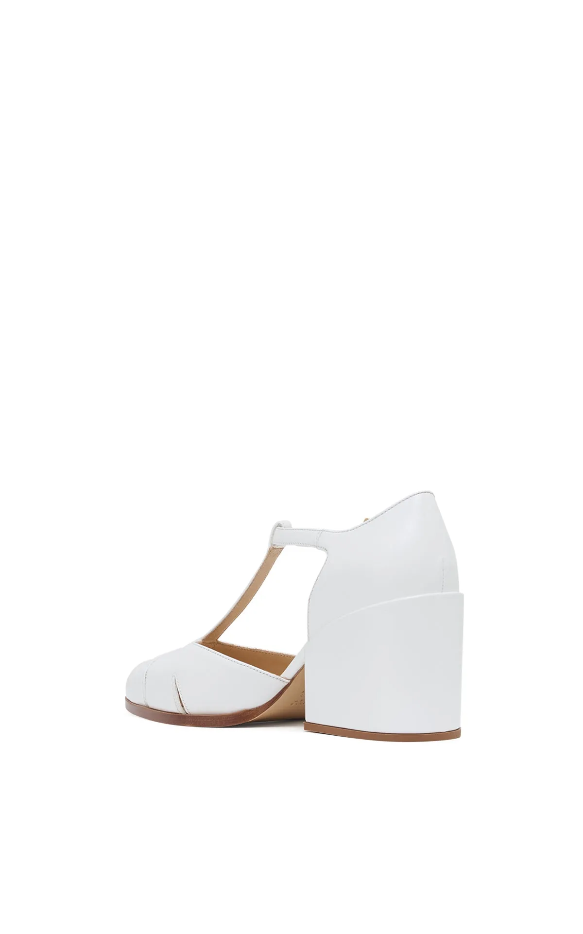 Evita T-Strap Heel in Pearlized White Leather