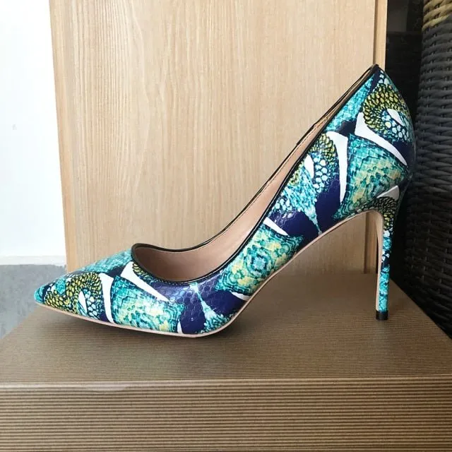 Exotic Chic Floral Croc-Effect Pointed Toe Pumps