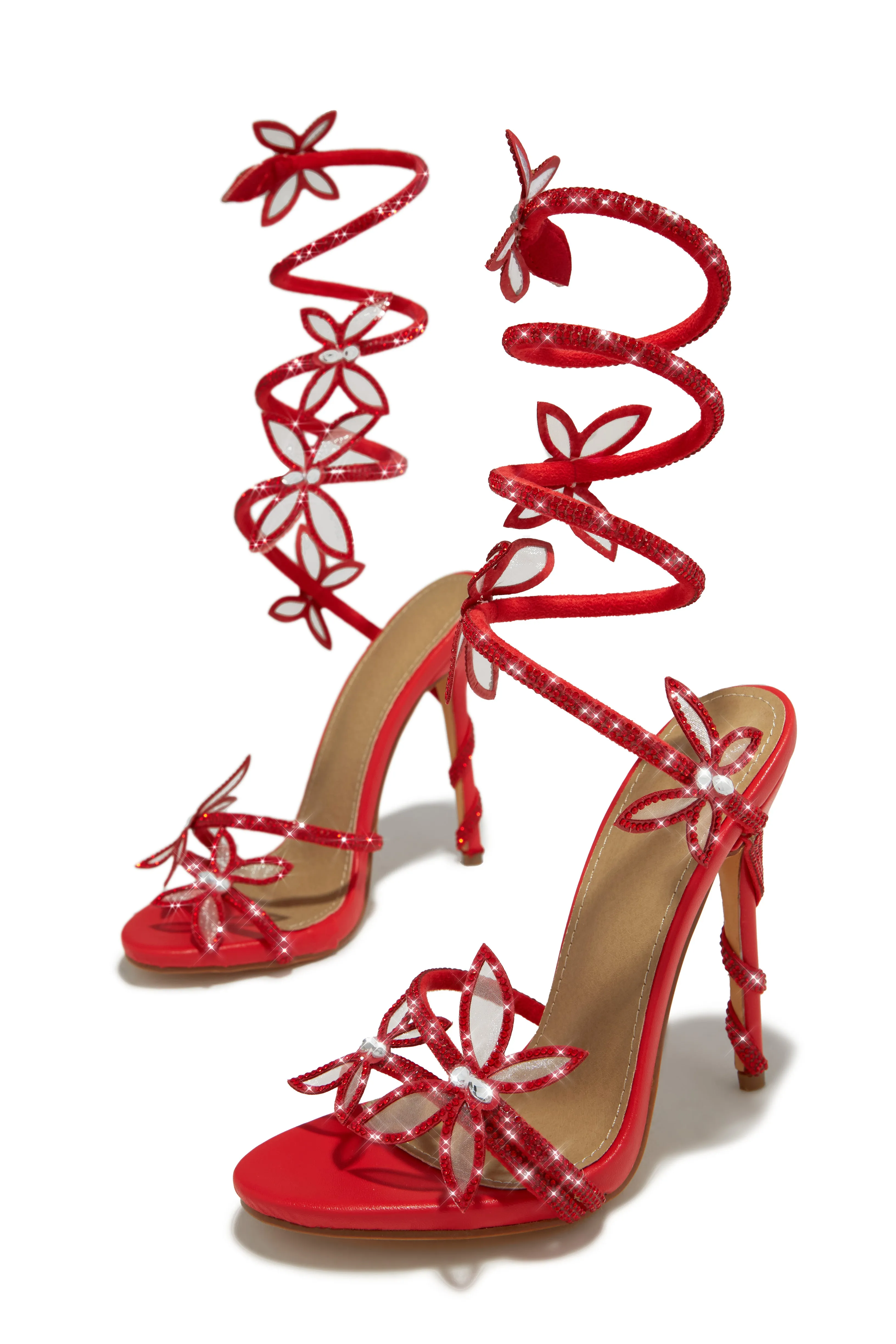 Fantasy Embellished Around The Ankle Coil Heels - Red