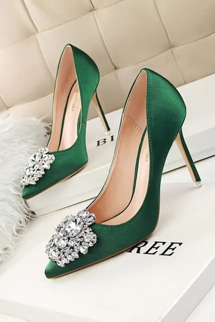 Faux Silk Satin Stiletto Rhinestone Crystal Ladies High Heel Pumps