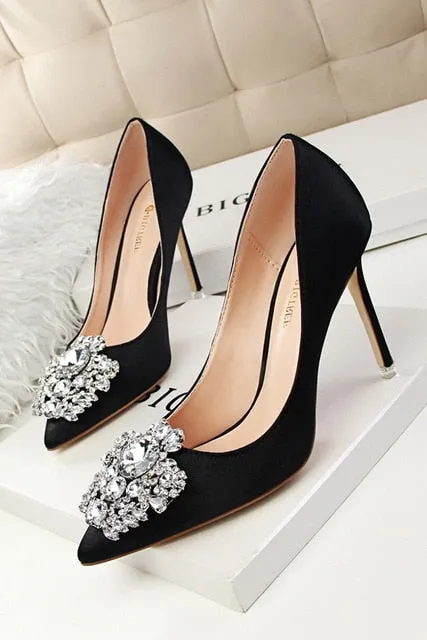 Faux Silk Satin Stiletto Rhinestone Crystal Ladies High Heel Pumps