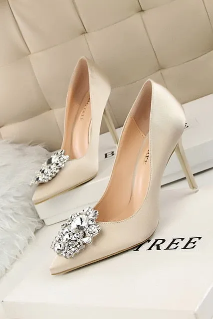 Faux Silk Satin Stiletto Rhinestone Crystal Ladies High Heel Pumps