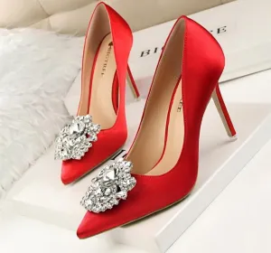 Faux Silk Satin Stiletto Rhinestone Crystal Ladies High Heel Pumps