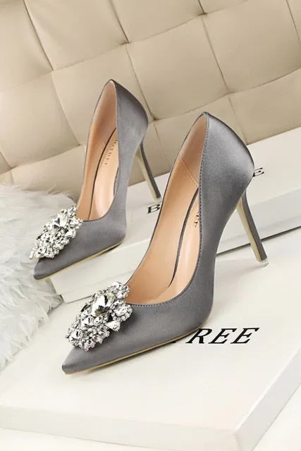 Faux Silk Satin Stiletto Rhinestone Crystal Ladies High Heel Pumps