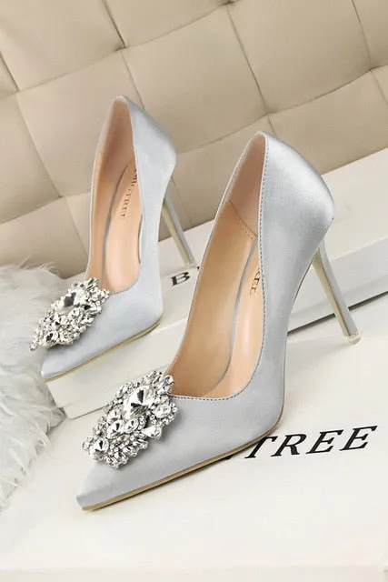 Faux Silk Satin Stiletto Rhinestone Crystal Ladies High Heel Pumps