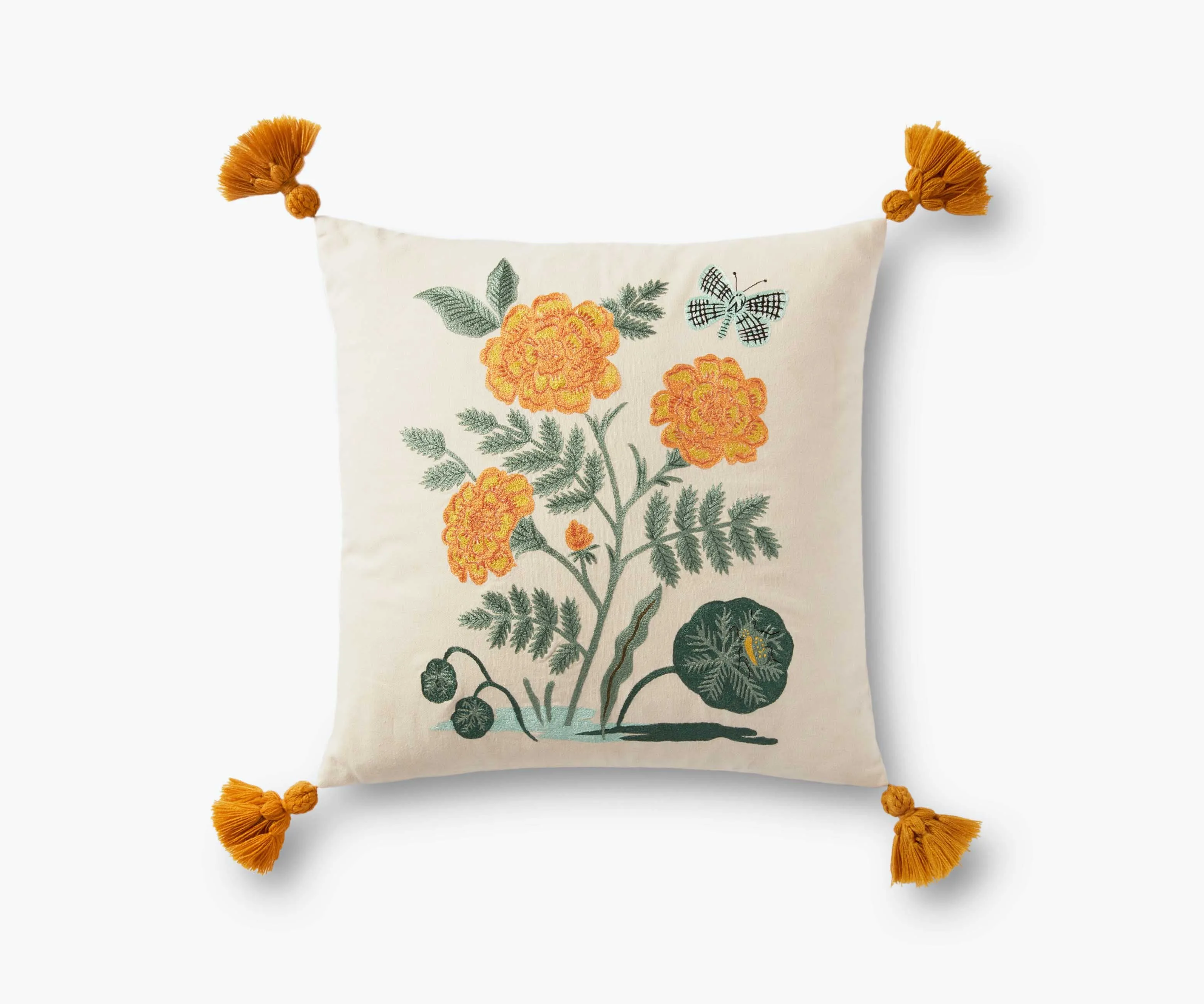 French Marigold Embroidered Pillow - Natural