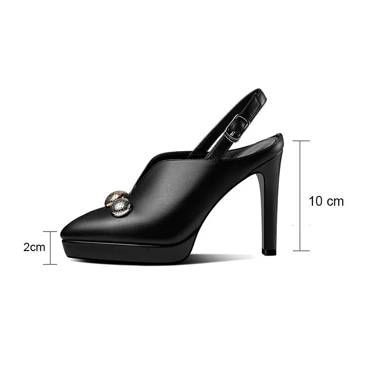 Genuine Leather Closed-Toe Slingback Platform High Heels Buckle Sandals