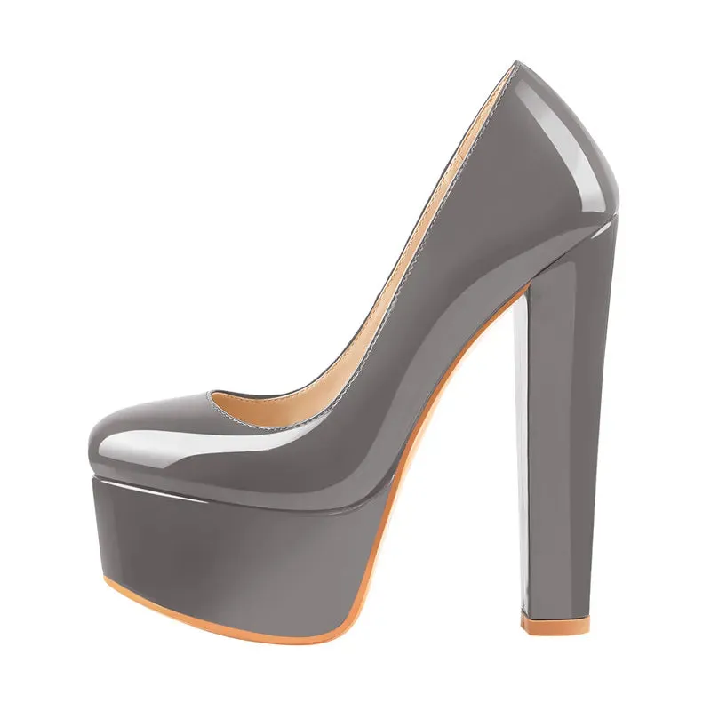 Grey Patent Leather Platform Chunky High Heels