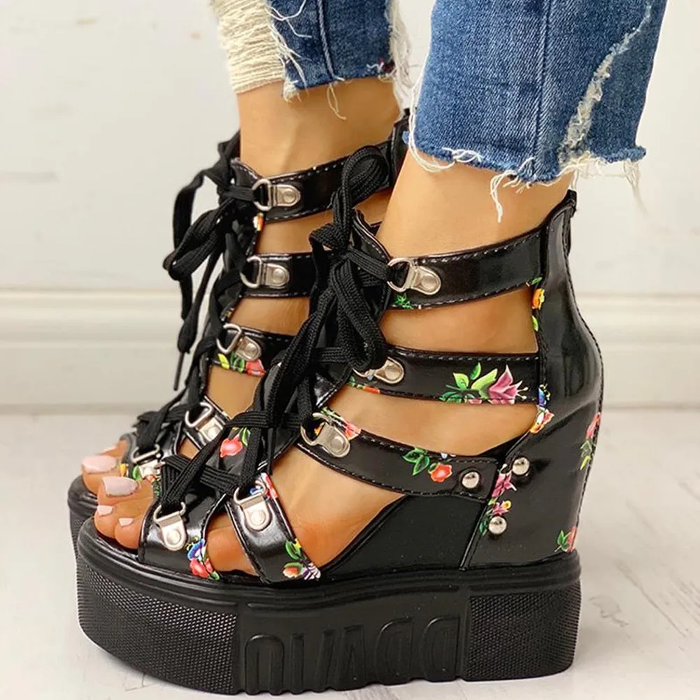 INS Hot Print Leisure Wedges Women's Shoes 2020 Summer Shoes Women Sandals Platform Shoelaces High Heels Casual Shoes Woman