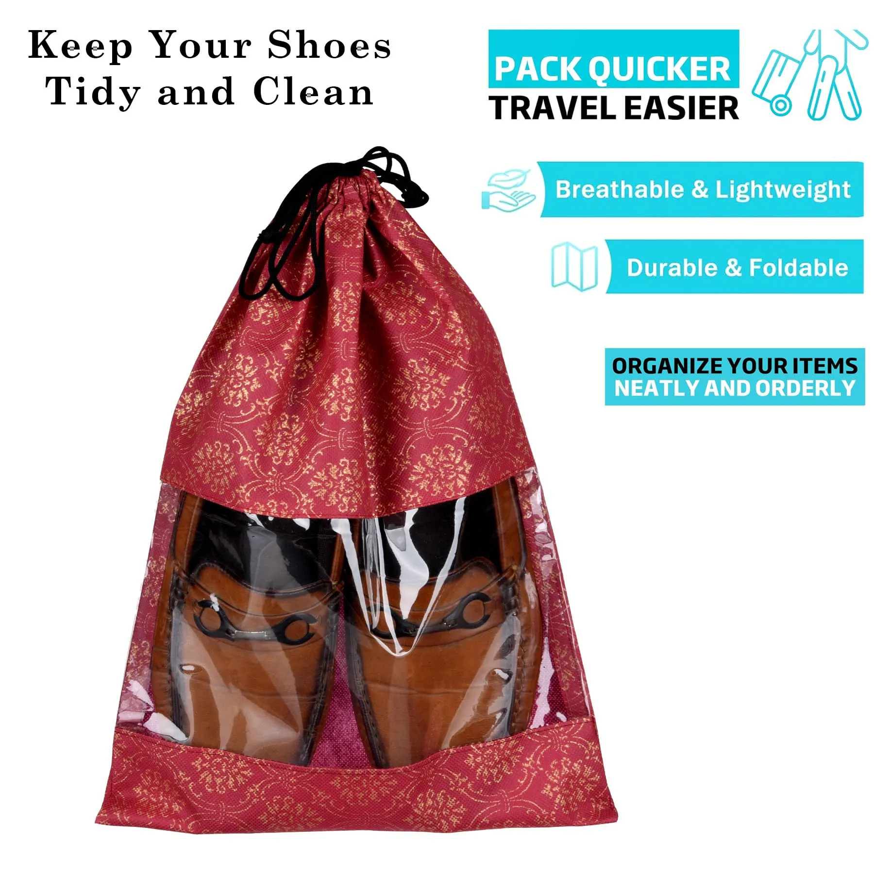 Kuber Industries Shoe Bags | Shoe Bags for Travel | Drawstring Shoe Storage Bags | Storage Organizers Set | Shoe Cover with Transparent Window | Shoe Pouches | Golden-Print | Pack of 6 | Maroon