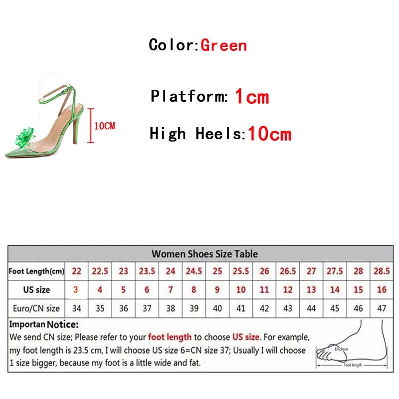 Liyke New Style Crystal Flower Women Pumps Sexy Pointed Toe Green High Heels Wedding Prom Shoes Ladies PVC Transparent Sandals