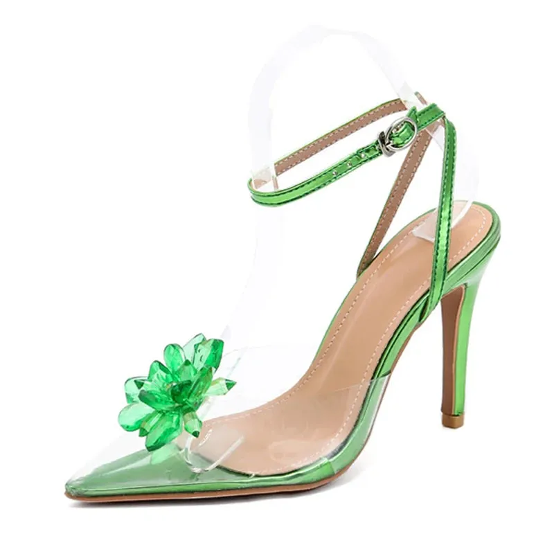 Liyke New Style Crystal Flower Women Pumps Sexy Pointed Toe Green High Heels Wedding Prom Shoes Ladies PVC Transparent Sandals