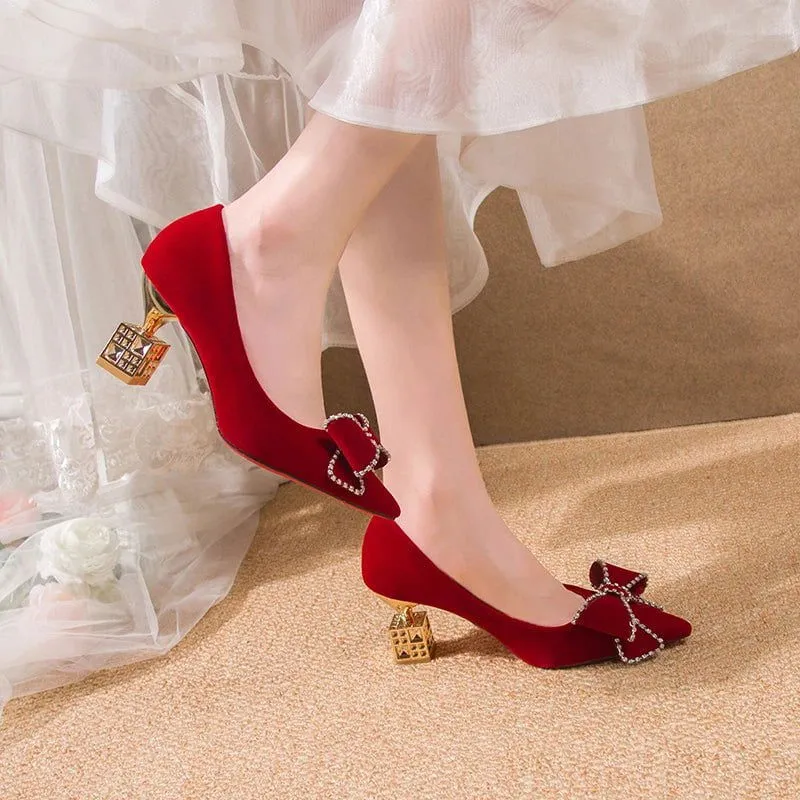 LovelyRLovely Red Sweet Bowtie Crystal High Heels Shoes