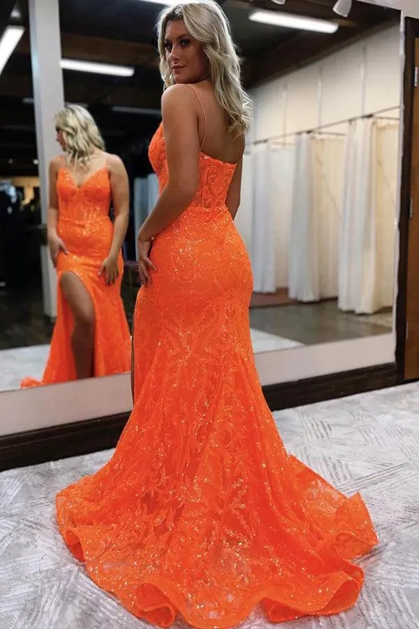 Mermaid V Neck Glitter Slit Orange Split Prom Evening Dress  PSK416