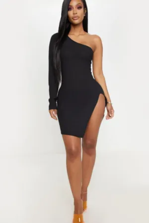 Mini One shoulder Side Slit Black Dress