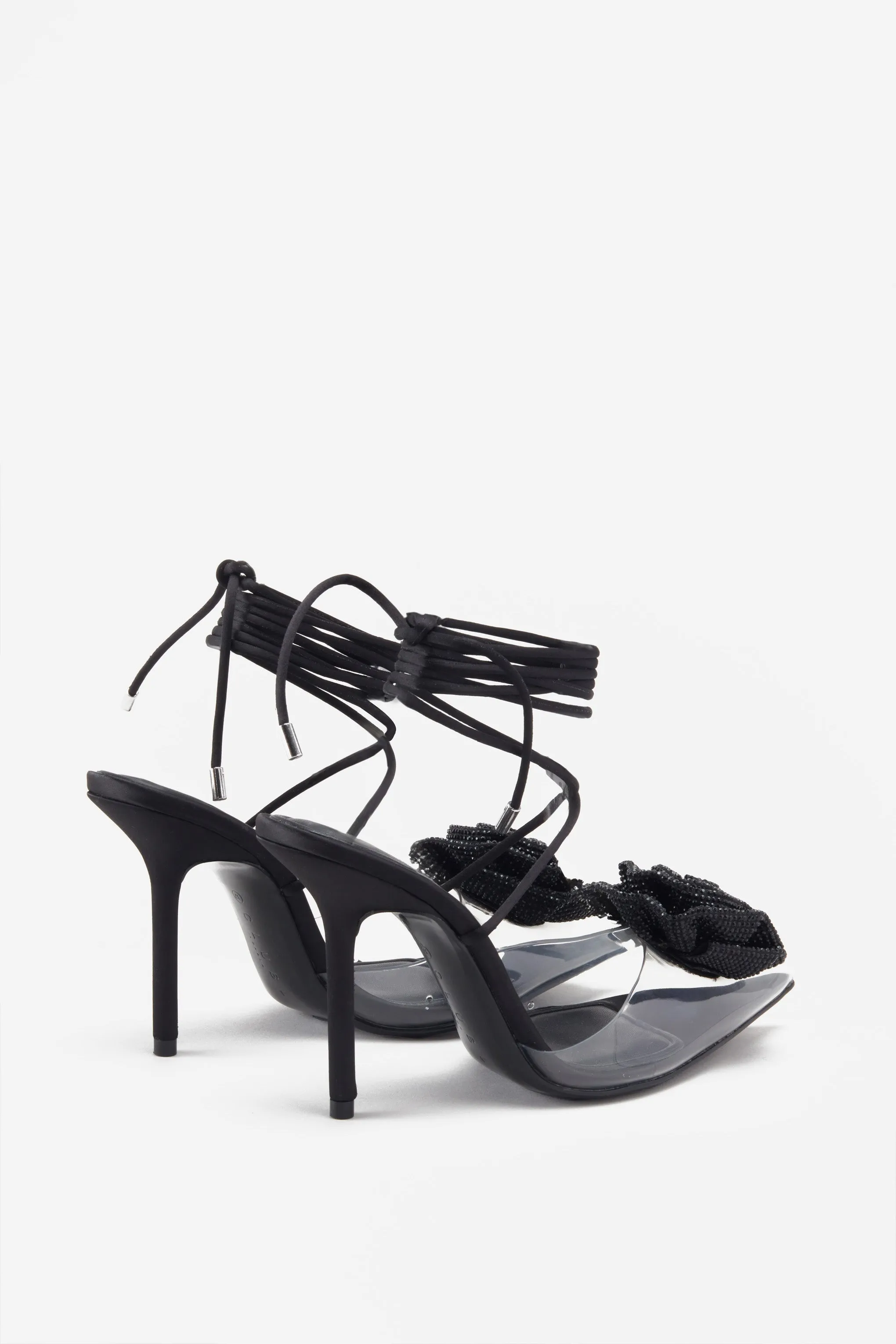 Sharpened | Black Lace-Up Clear Stiletto Heels With Diamante Flowers