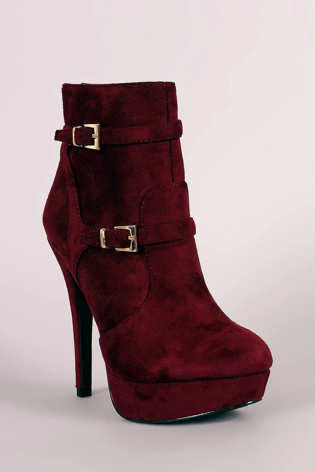 Suede Double Buckle Platform Stiletto Booties