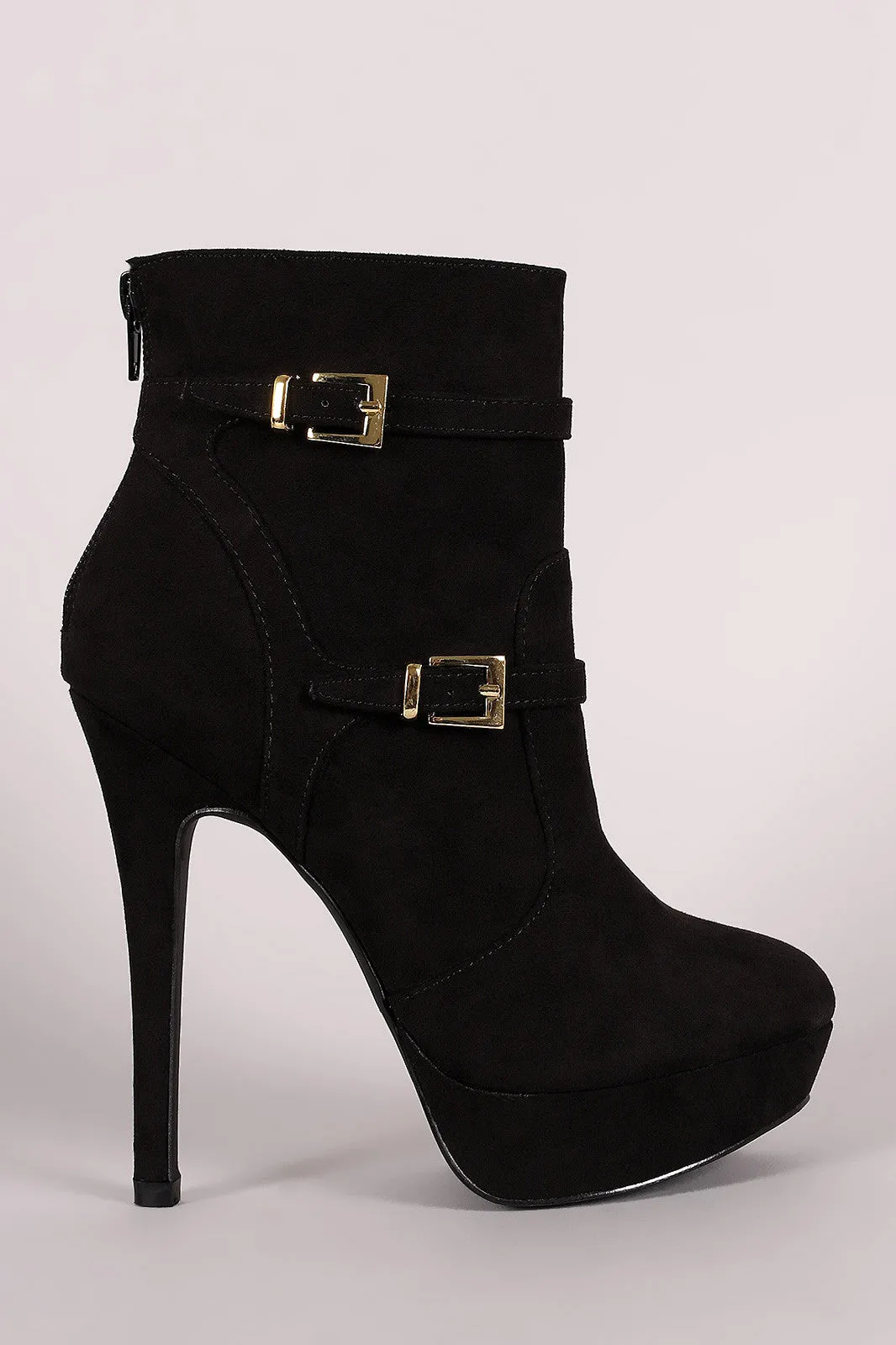 Suede Double Buckle Platform Stiletto Booties