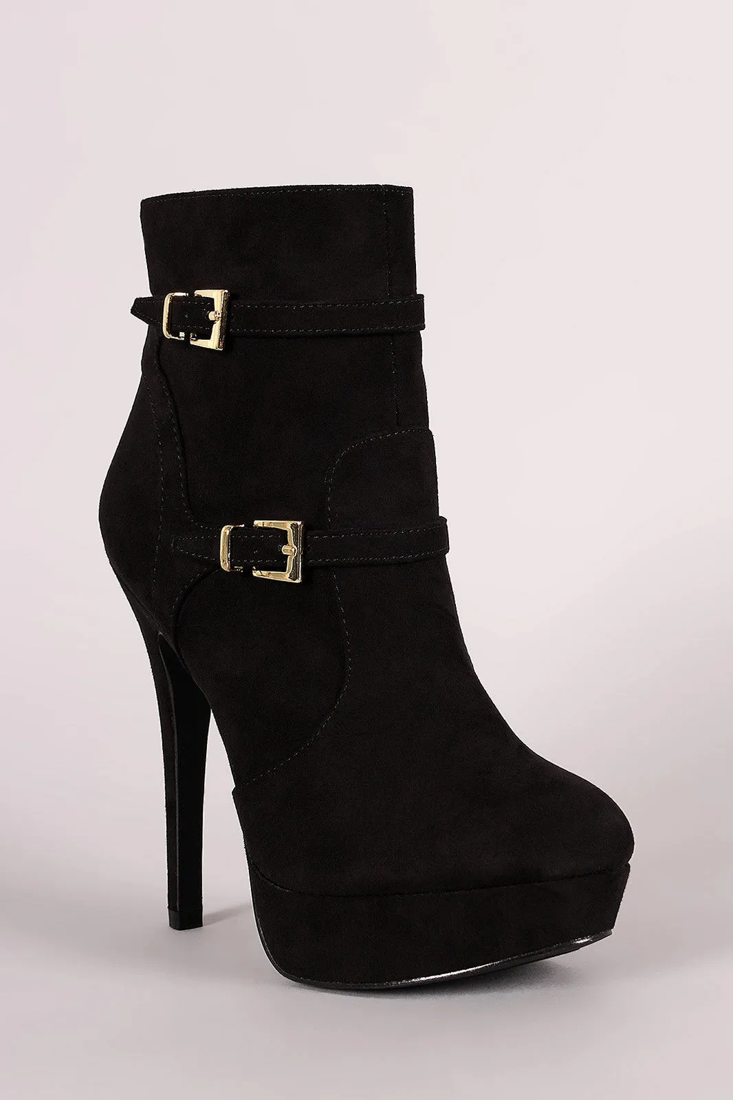 Suede Double Buckle Platform Stiletto Booties