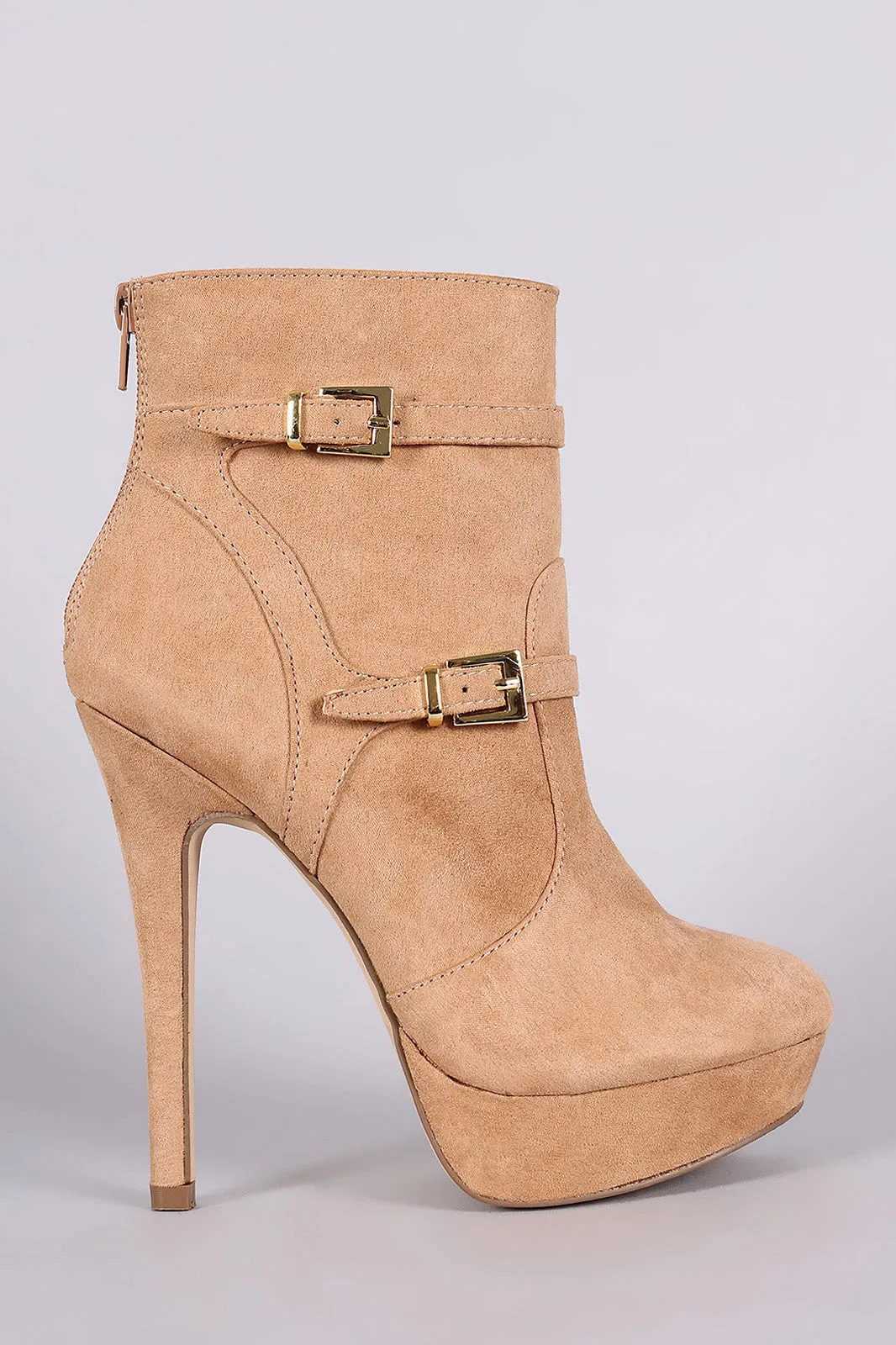 Suede Double Buckle Platform Stiletto Booties