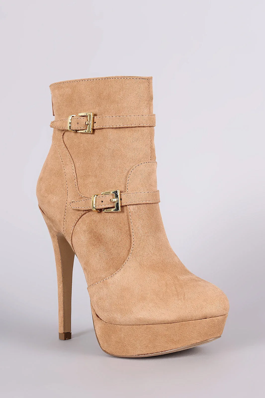 Suede Double Buckle Platform Stiletto Booties