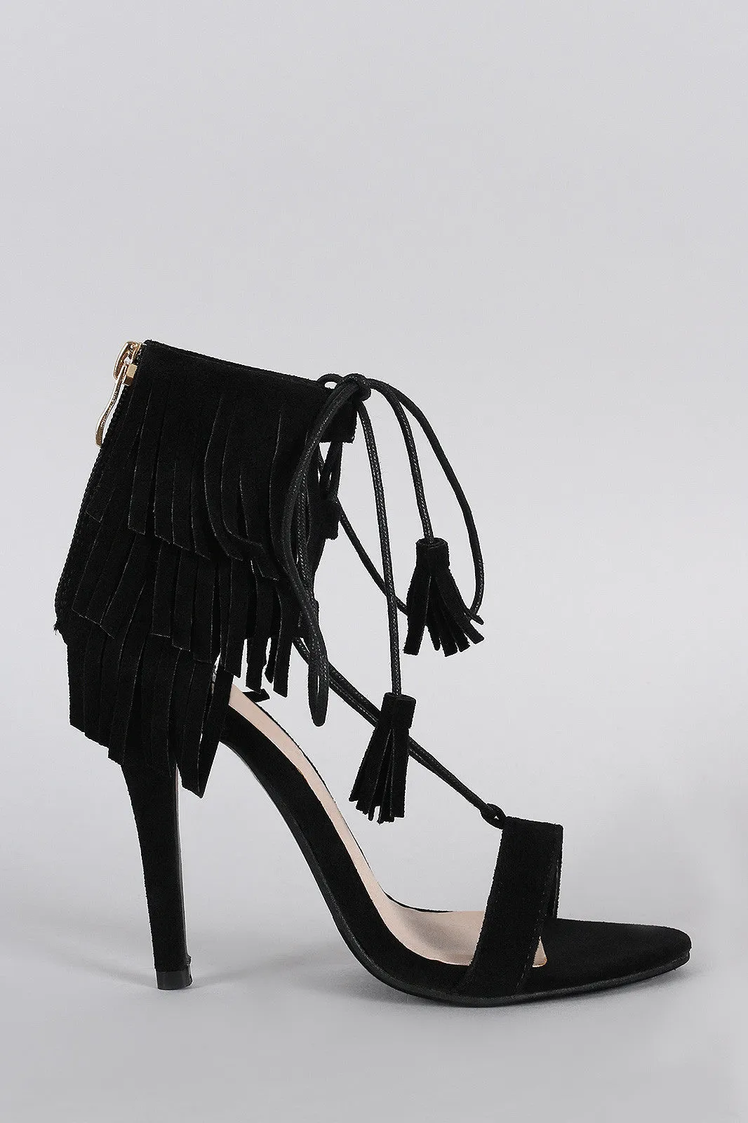 Suede Layered Fringe Lace Up Open Toe Heel