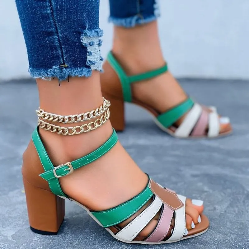 Summer Fashion Trend Sandals Women Multi Leather Patchwork Square Heel Peep Toe Buckle Office Dress Party Shoes Ladies Female