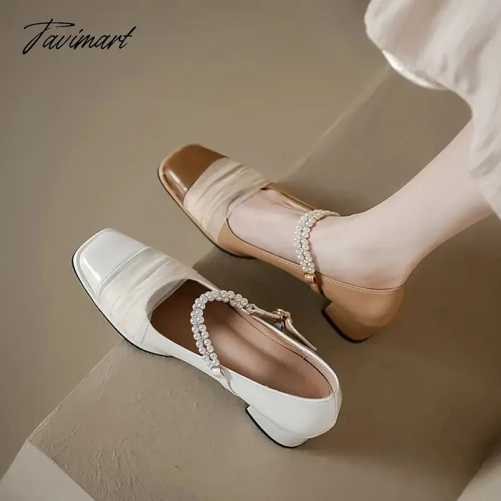 TAVIMART  -  Designer New French Pearl Buckle Mary Jane Women's Shoes Fashion Square Head Solid Color Cute Style Woman High Heels