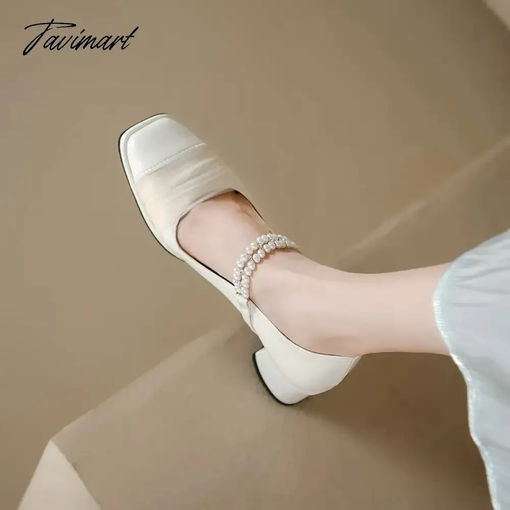 TAVIMART  -  Designer New French Pearl Buckle Mary Jane Women's Shoes Fashion Square Head Solid Color Cute Style Woman High Heels