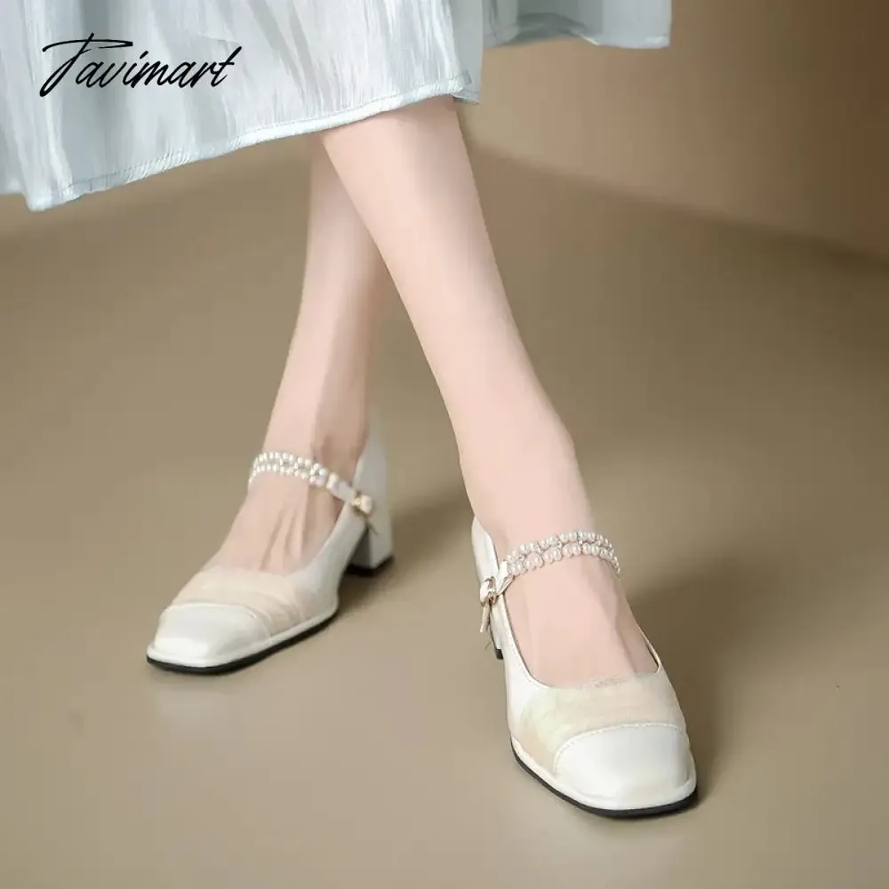 TAVIMART  -  Designer New French Pearl Buckle Mary Jane Women's Shoes Fashion Square Head Solid Color Cute Style Woman High Heels