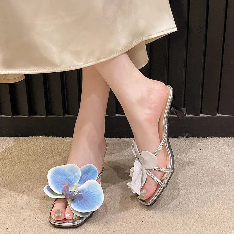 TAVIMART  -  Summer New Orchid Flower Blue Heeled Shoes Woman White Blue Floral Heels Fashion Sexy Pumps Low Heels