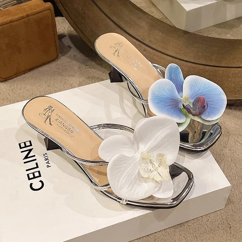 TAVIMART  -  Summer New Orchid Flower Blue Heeled Shoes Woman White Blue Floral Heels Fashion Sexy Pumps Low Heels