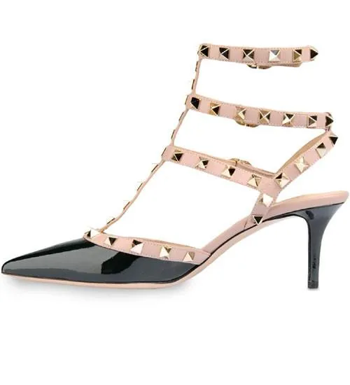 UMIDA Three-Strap Black/Nude Leather Pumps